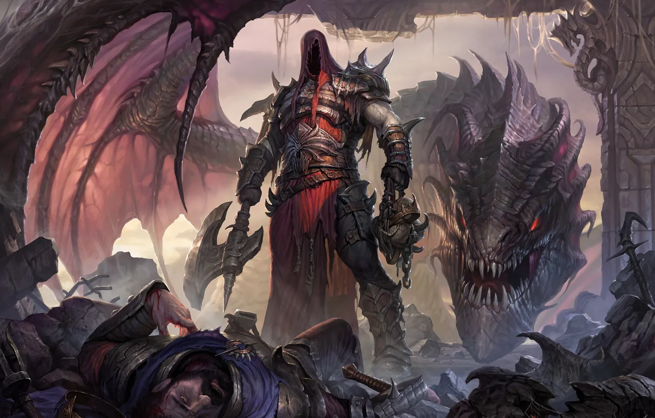 Photo wallpaper fiction, dragon, crown, the demon, art, axe, king