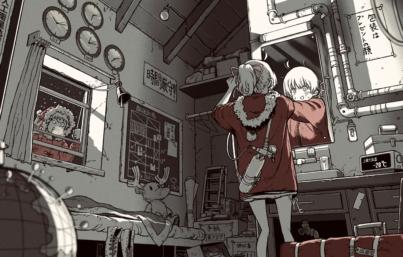 Photo wallpaper girl, new year, deer, mirror, guy, Santa, angry