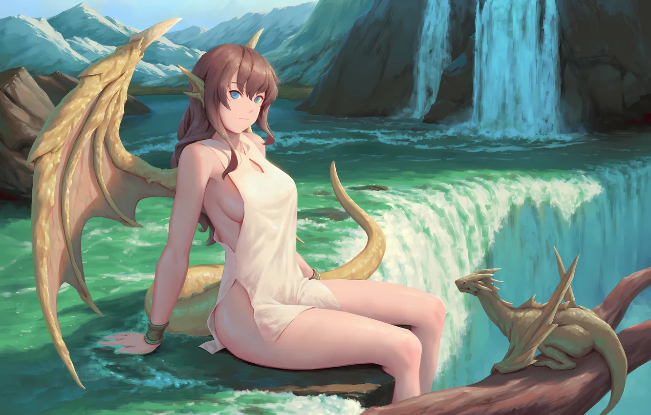 Photo wallpaper girl, sexy, river, long hair, dress, legs, brown hair, nature
