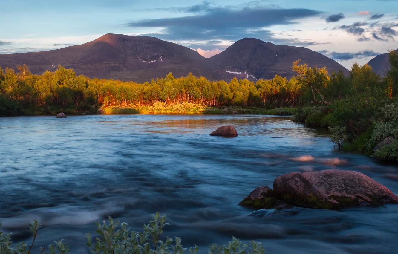 Photo wallpaper forest, summer, clouds, light, mountains, hills, shore, pond
