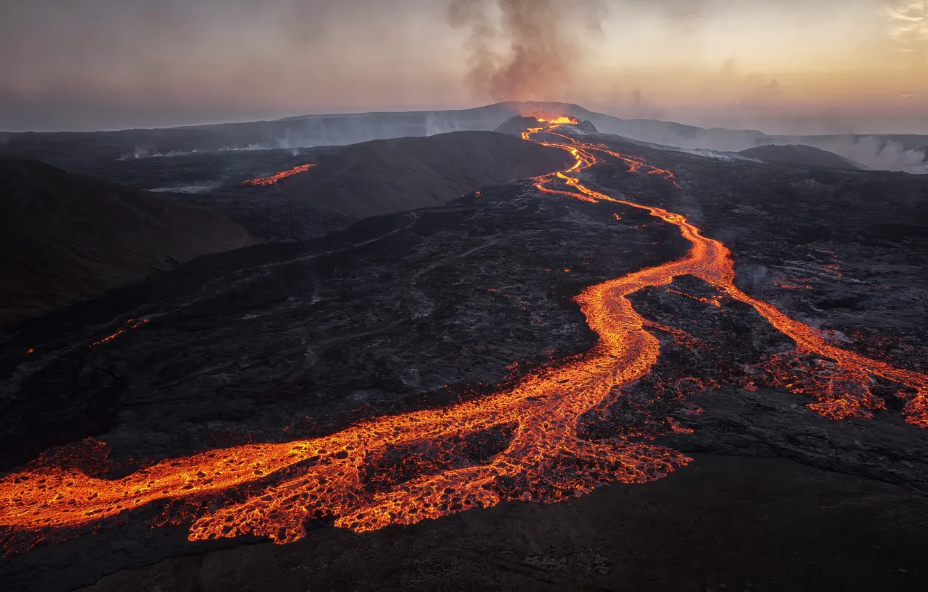 Photo wallpaper mountains, smoke, the volcano, slope, lava, fire, the eruption of the volcano