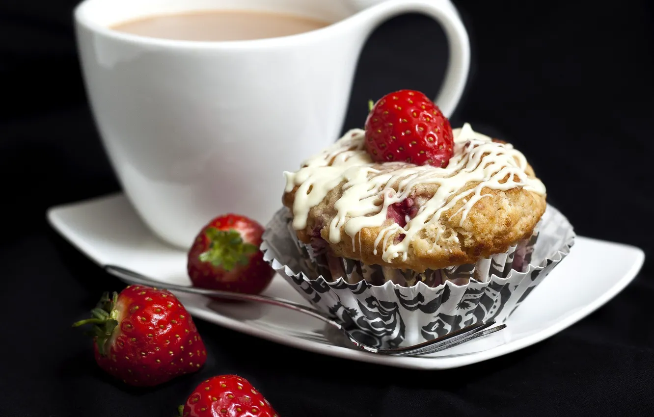 Photo wallpaper coffee, strawberry, plate, plug, sweet, cupcakes