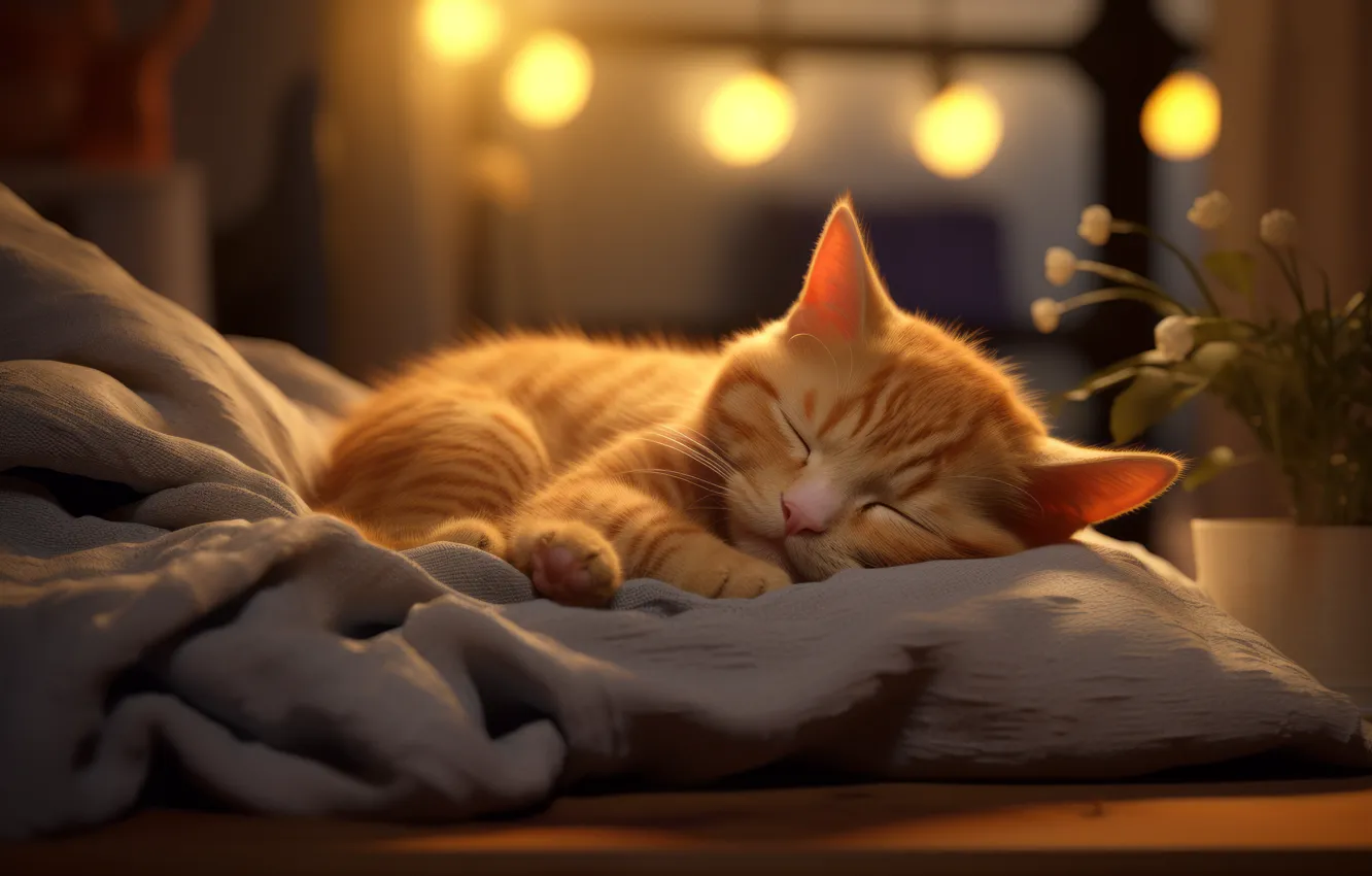Photo wallpaper cat, cat, light, flowers, pose, room, sleep, legs