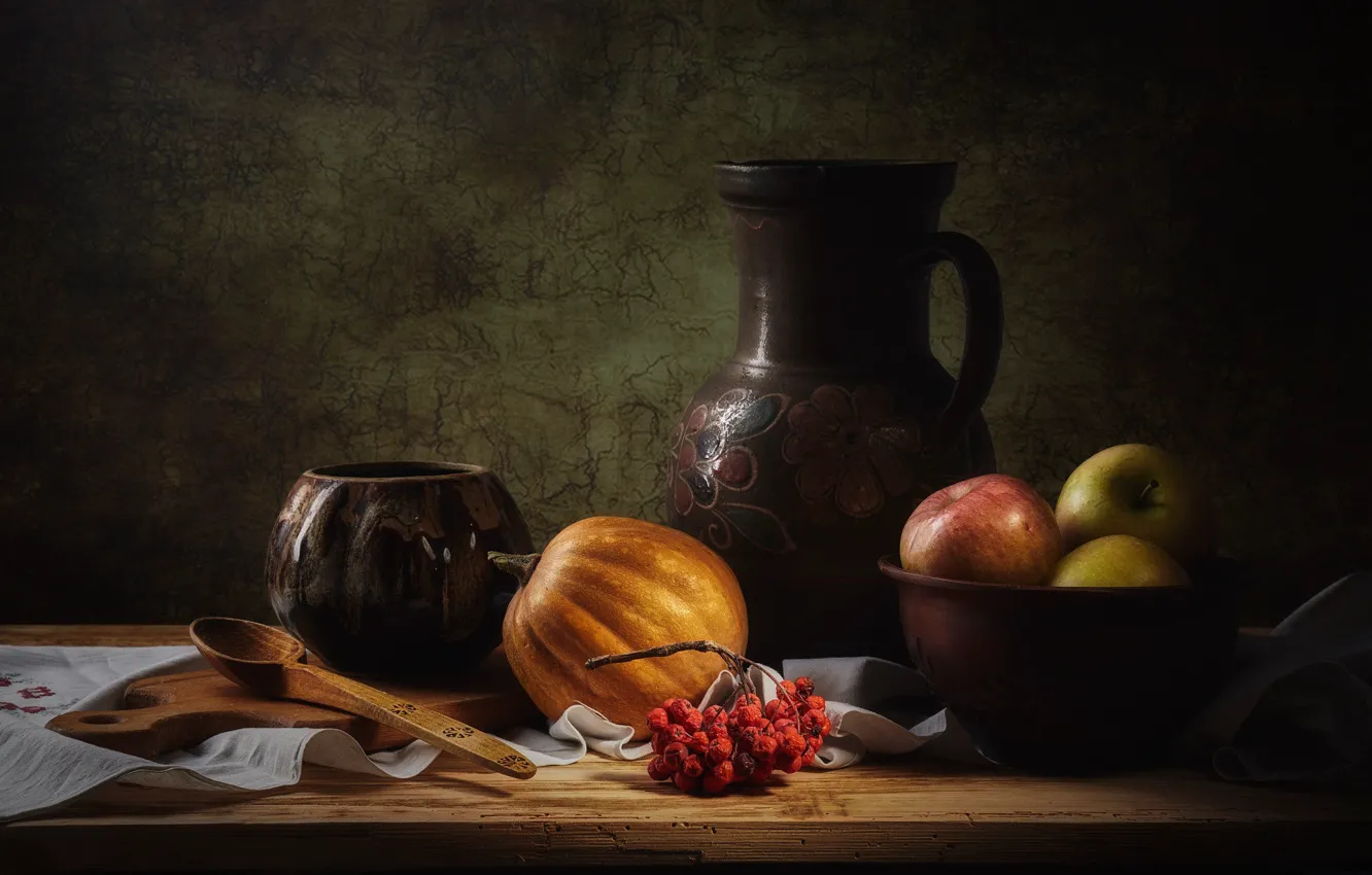Photo wallpaper style, retro, the dark background, table, apples, food, spoon, dishes