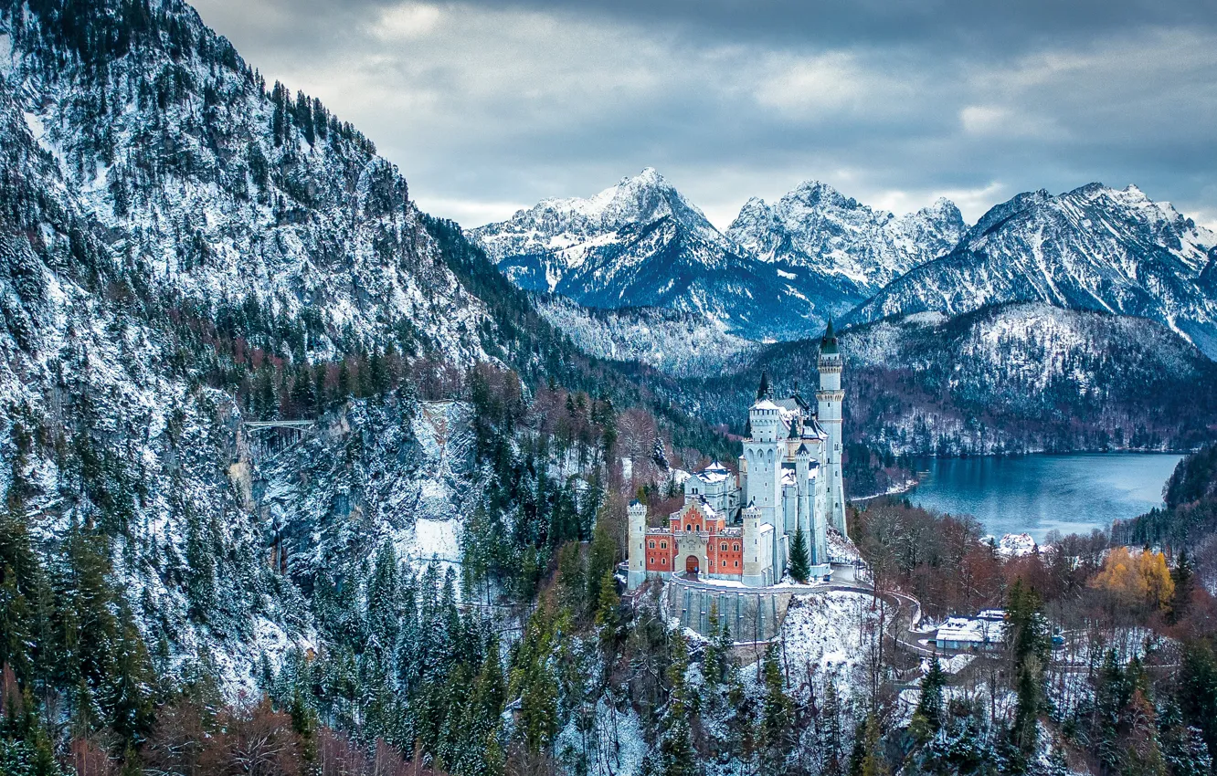 Photo wallpaper autumn, snow, mountains, lake, castle, Germany, Bayern, Germany