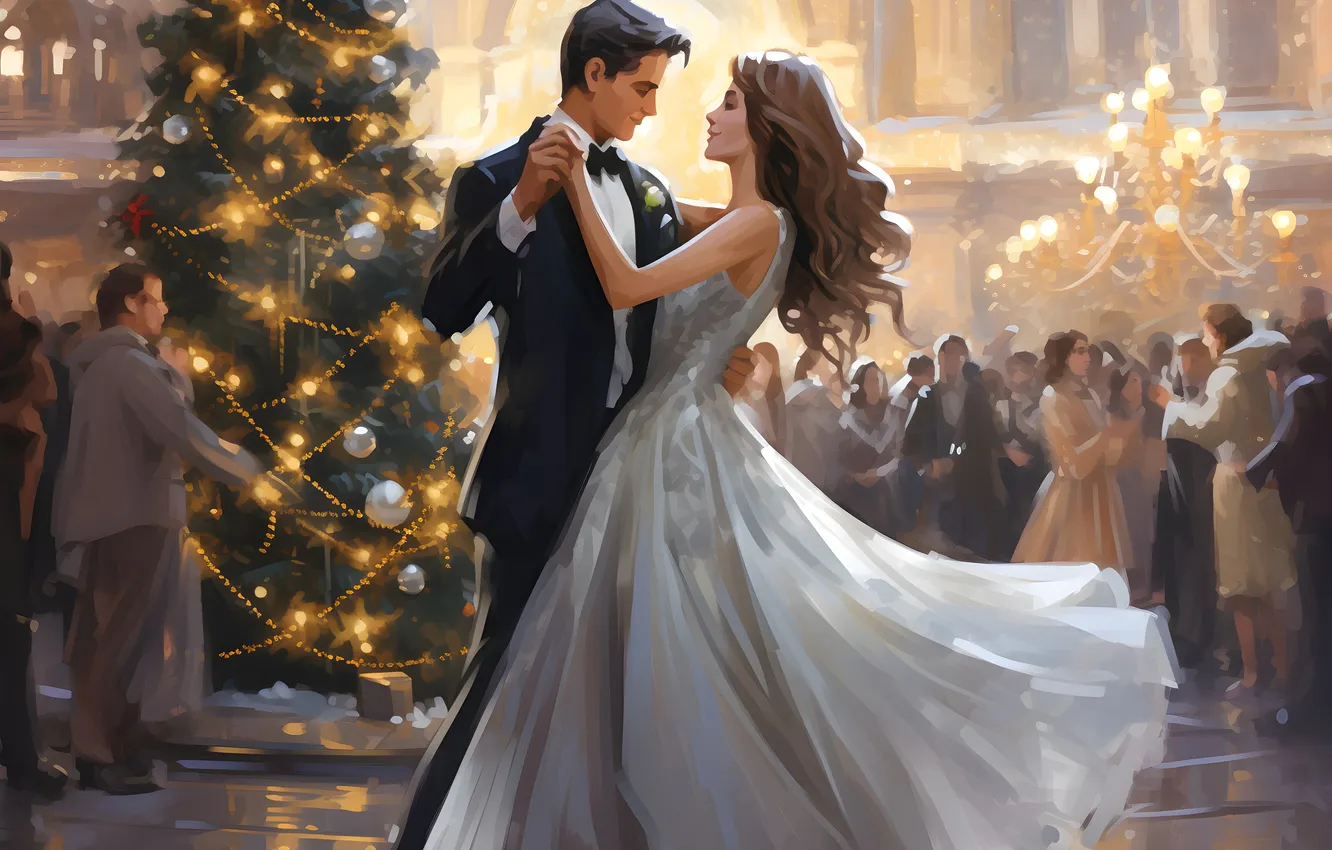 Photo wallpaper girl, people, tree, new year, dance, dress, Christmas, guy