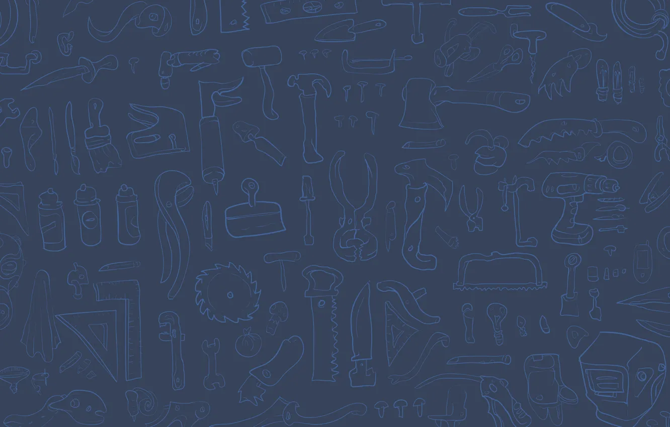 Photo wallpaper mushroom, knife, hammer, gas mask, drill, axe, saw, light bulb