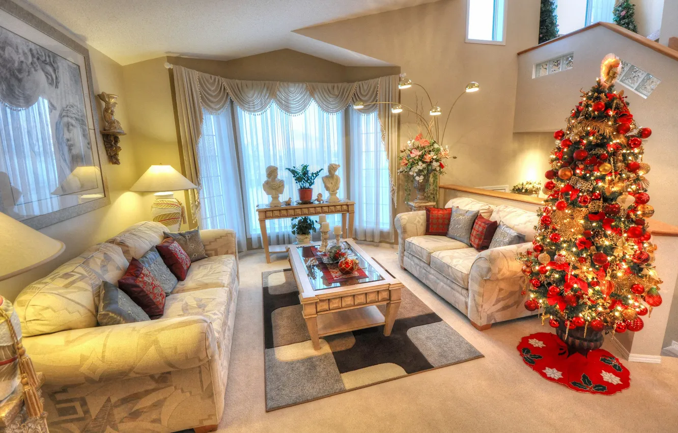 Photo wallpaper sofa, holiday, tree, New Year, Christmas, table, living room