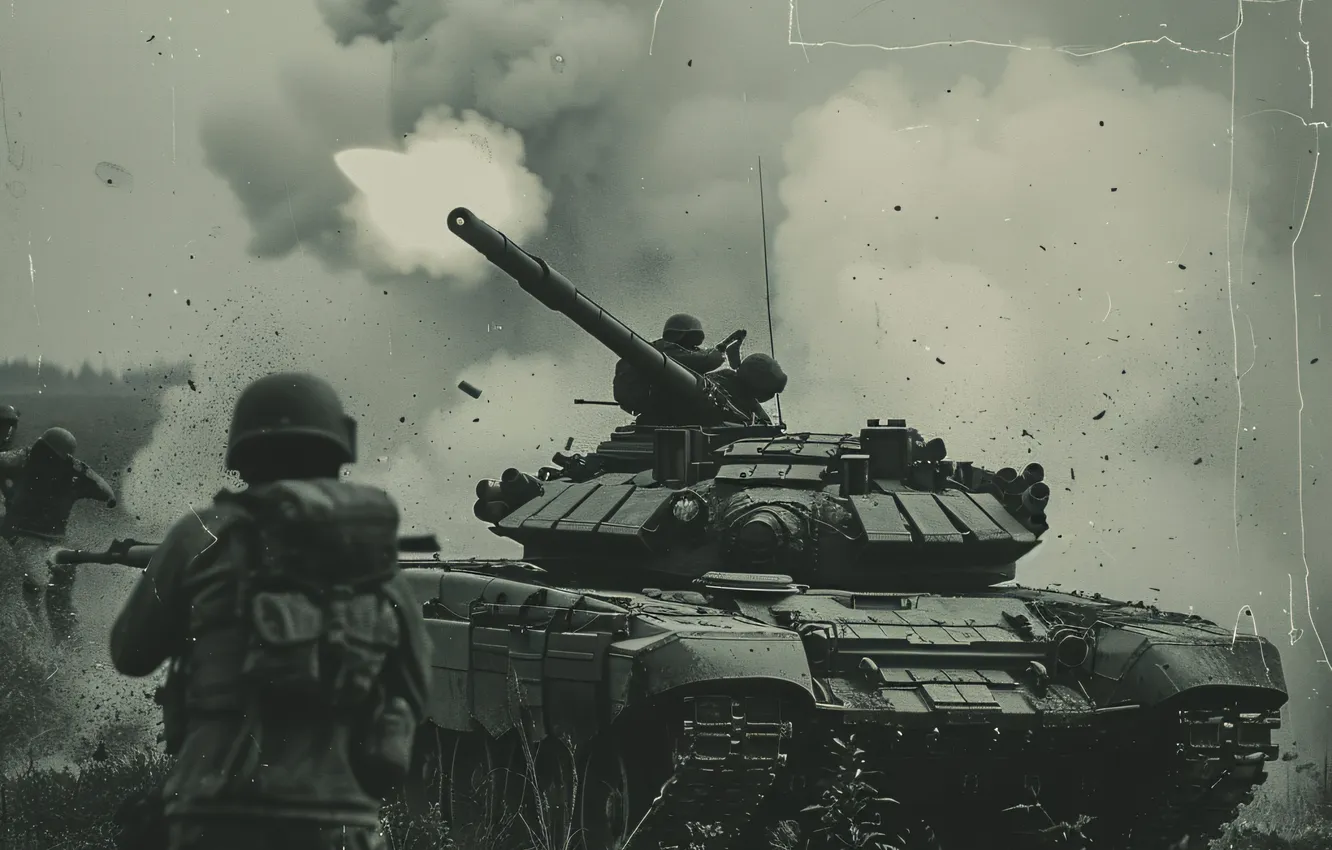 Photo wallpaper retro, smoke, dust, soldiers, tank, black and white, digital art, AI art