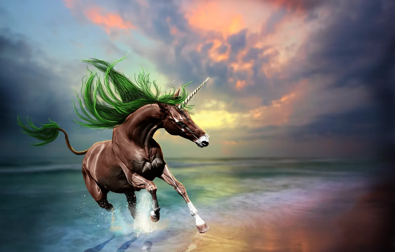 Photo wallpaper sea, wave, the sky, reflection, animal, horse, art, unicorn