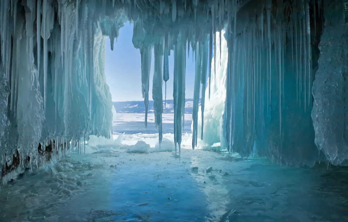 Photo wallpaper ice, winter, lake, icicles, Baikal, cave, the grotto