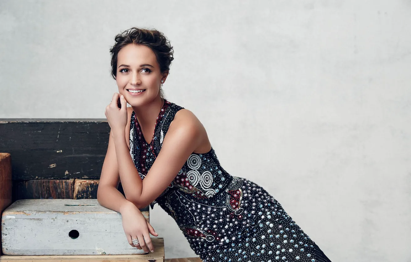 Photo wallpaper pose, girl, Alicia Vikander, Alicia Vikander, smile, sweetheart, dress