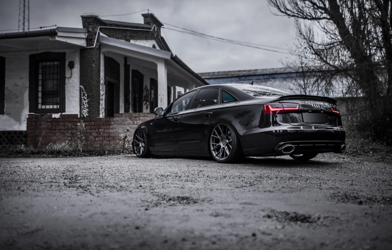 Photo wallpaper Audi, house, black, road, Side, Sedan, Rear, Audi A6