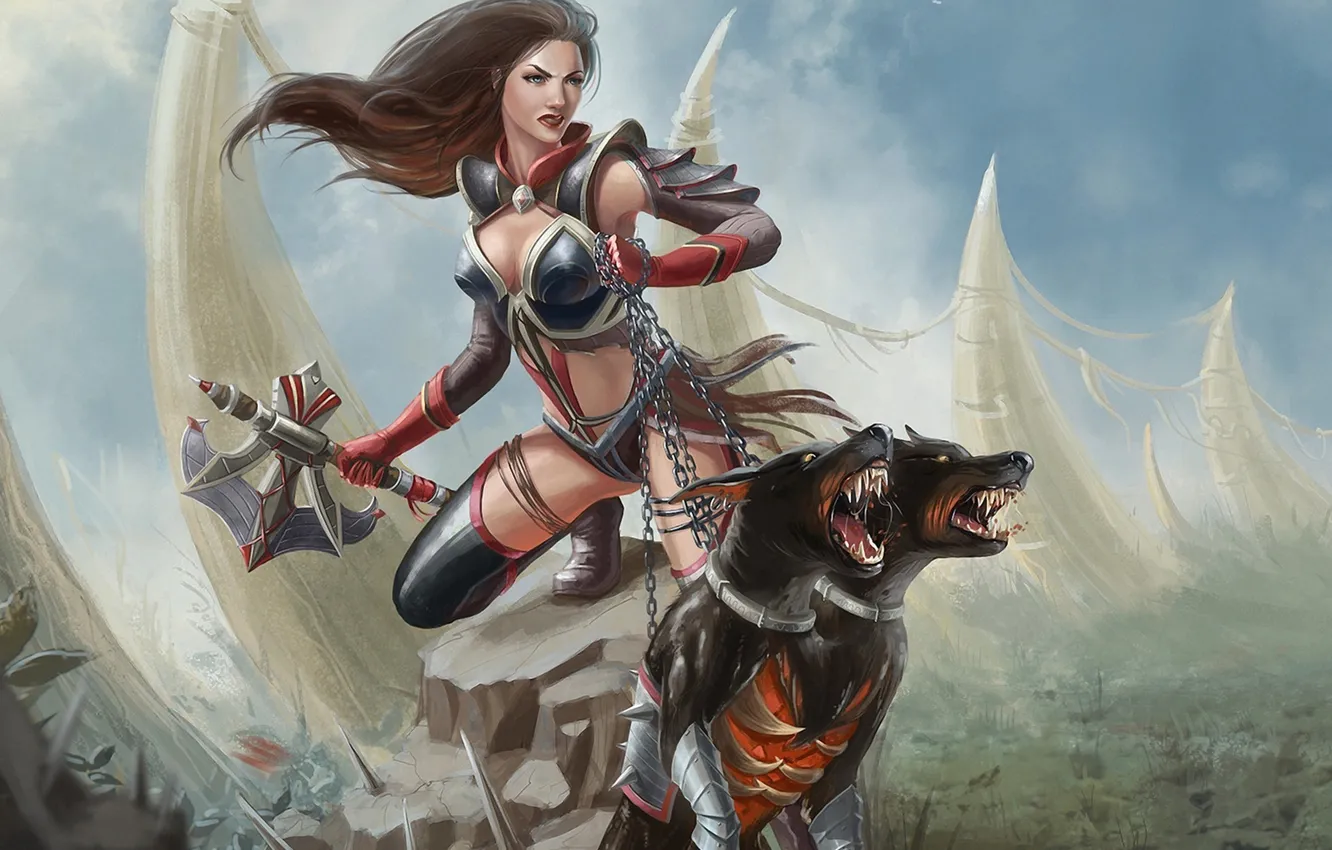 Photo wallpaper girl, stones, monster, dog, art, mouth, chain, fangs