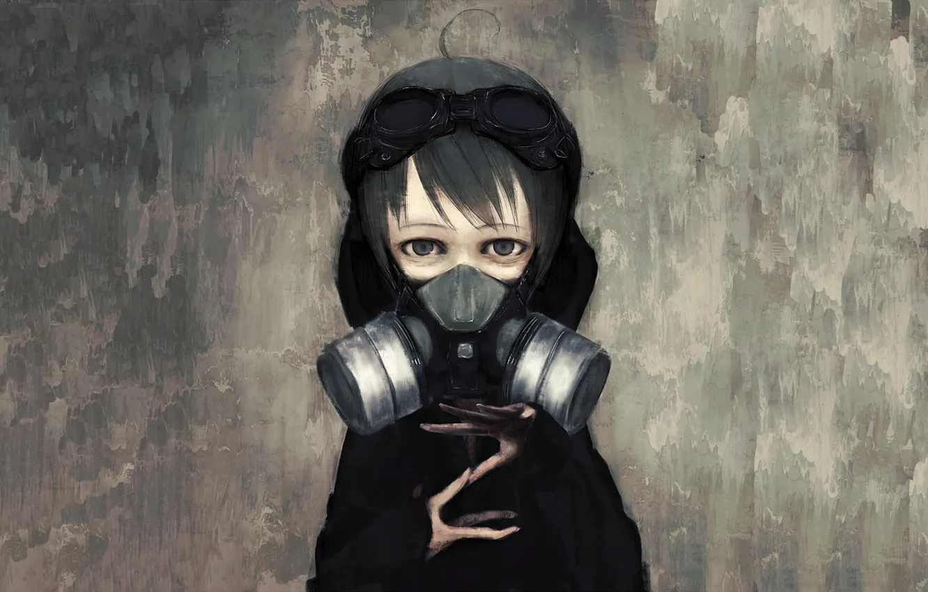 Photo wallpaper gas mask, girl, glasses, black eyes, black hair, black eyes, asushi