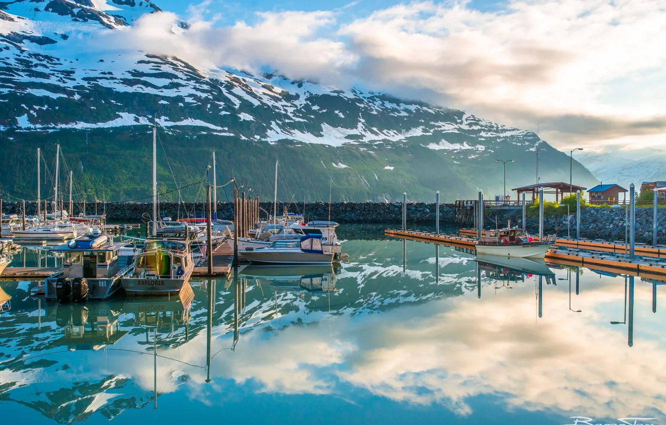 Photo wallpaper forest, clouds, mountains, lake, boat, Marina, yacht