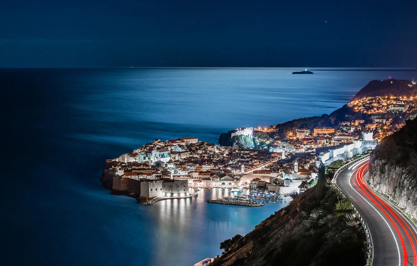 Photo wallpaper sea, night, the city, lights, excerpt, resort, Croatia, Dubrovnik