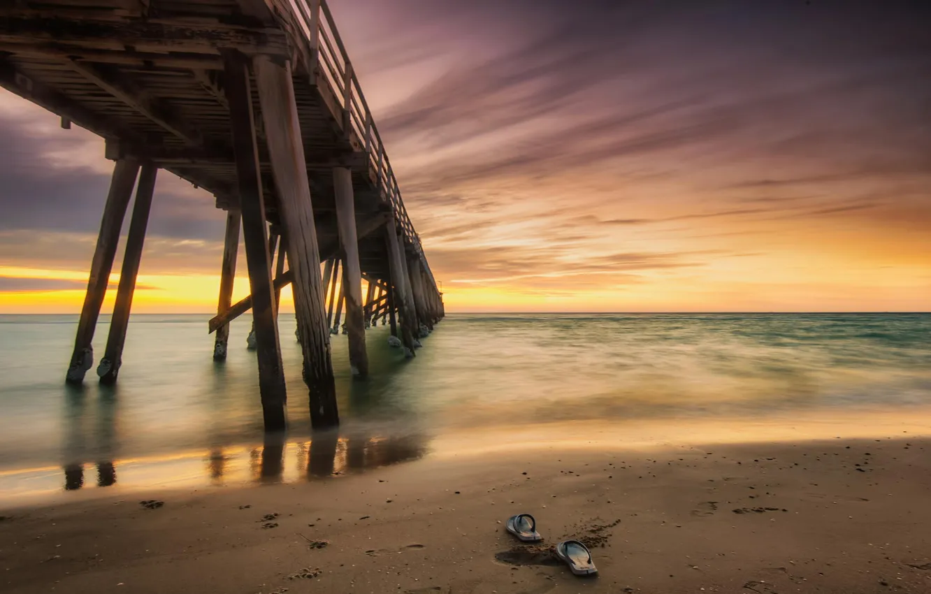Photo wallpaper sand, beach, the ocean, dawn, pierce, Slippers