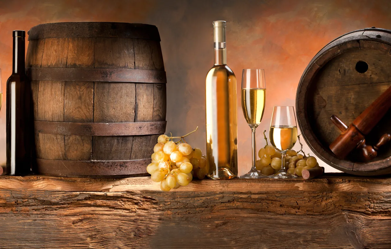 Photo wallpaper wine, white, glasses, grapes, barrels, bunches