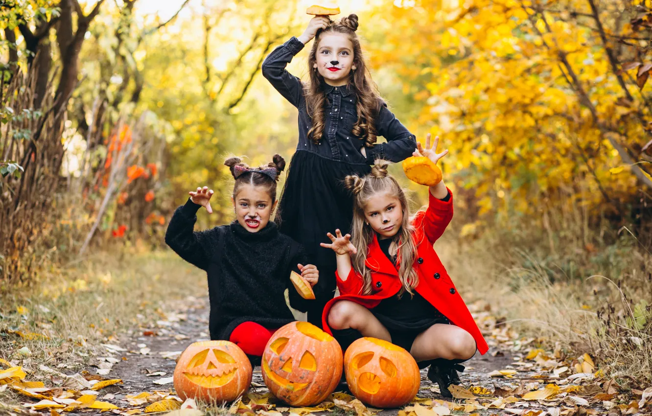 Photo wallpaper road, autumn, look, nature, children, pose, Park, holiday