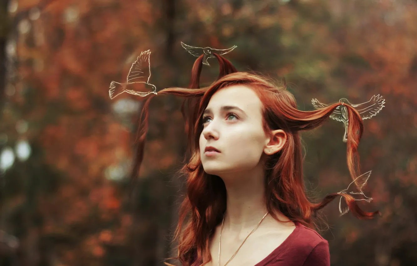 Photo wallpaper girl, bird, portrait