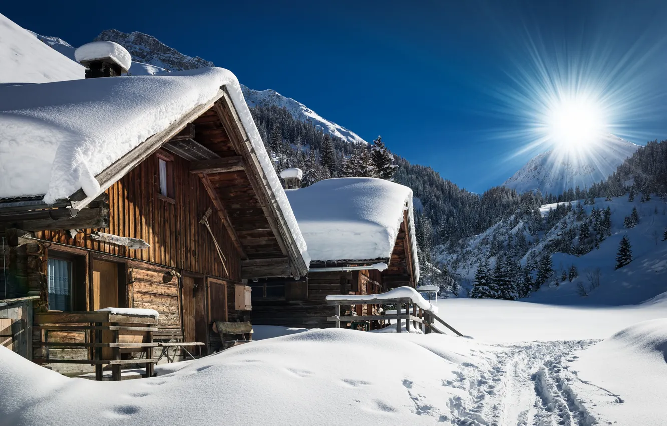 Photo wallpaper winter, the sun, snow, mountains, home
