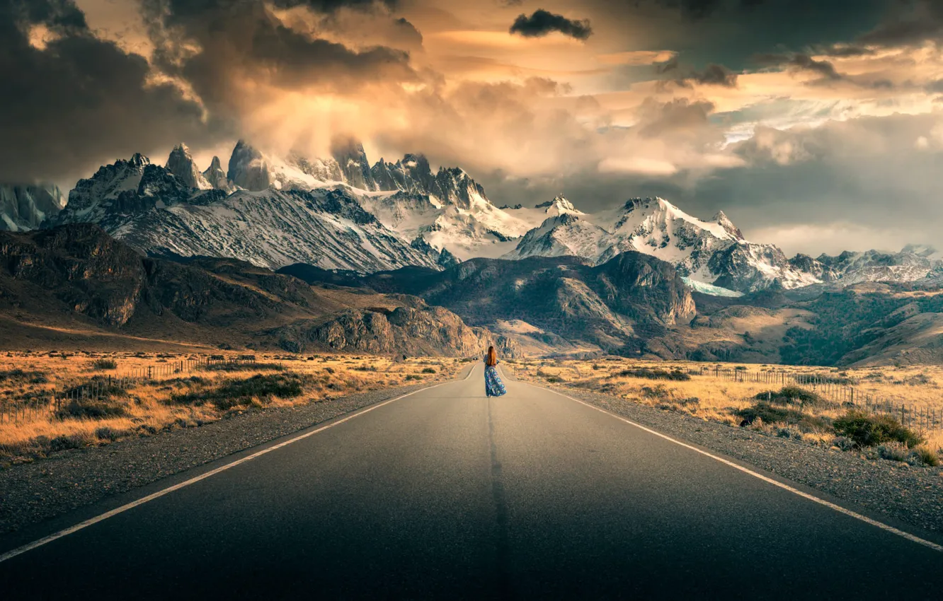 Photo wallpaper road, the sky, girl, clouds, mountains