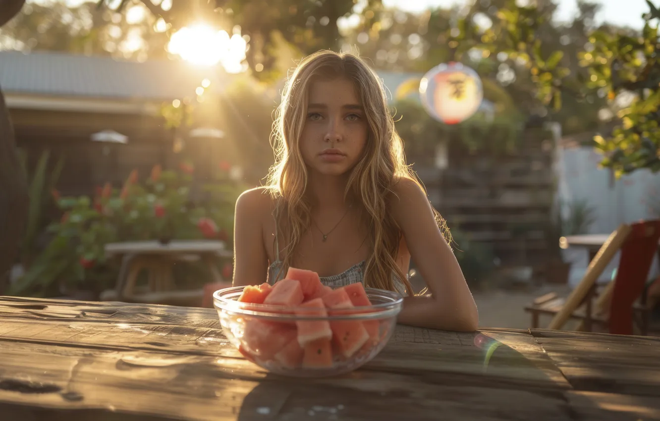 Photo wallpaper summer, look, girl, the sun, rays, light, nature, table