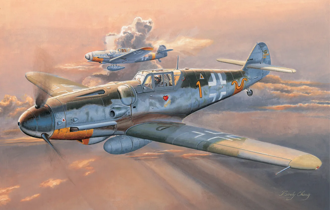 Photo wallpaper war, art, painting, aviation, WW2, Messerschmitt Bf 109