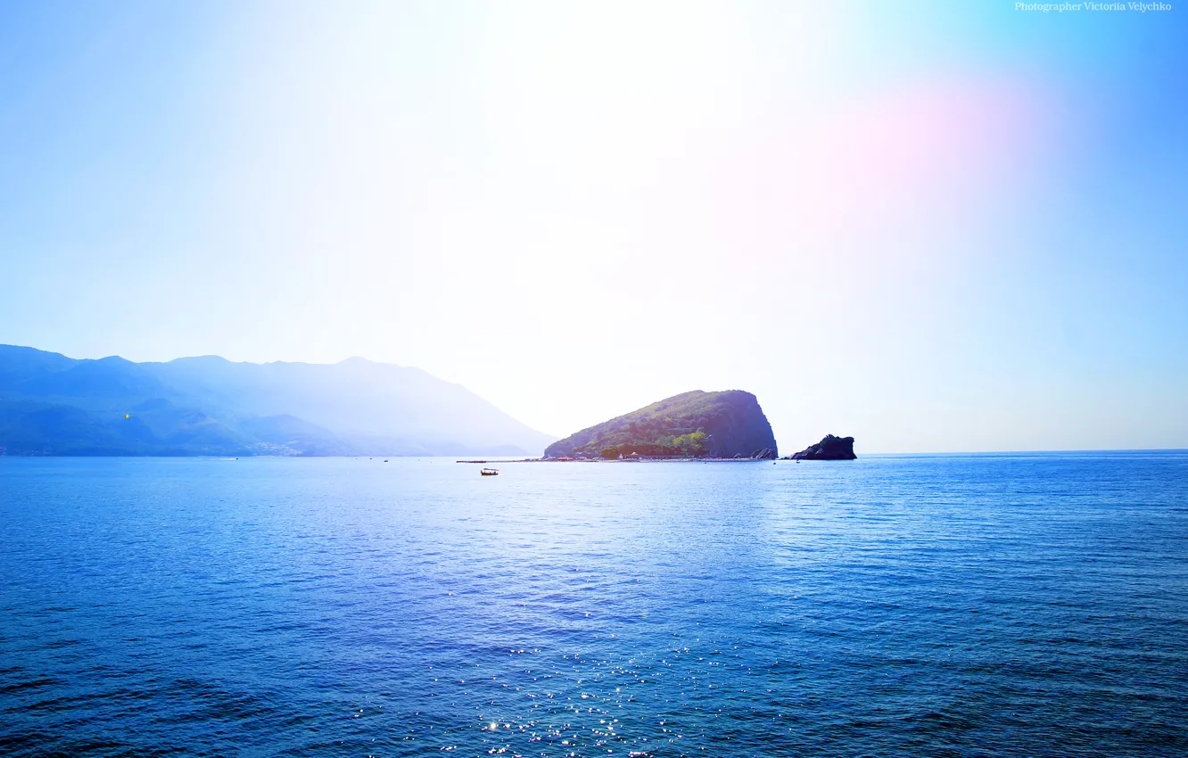 Photo wallpaper sea, summer, the sky, water, the sun, mountains, island, Montenegro