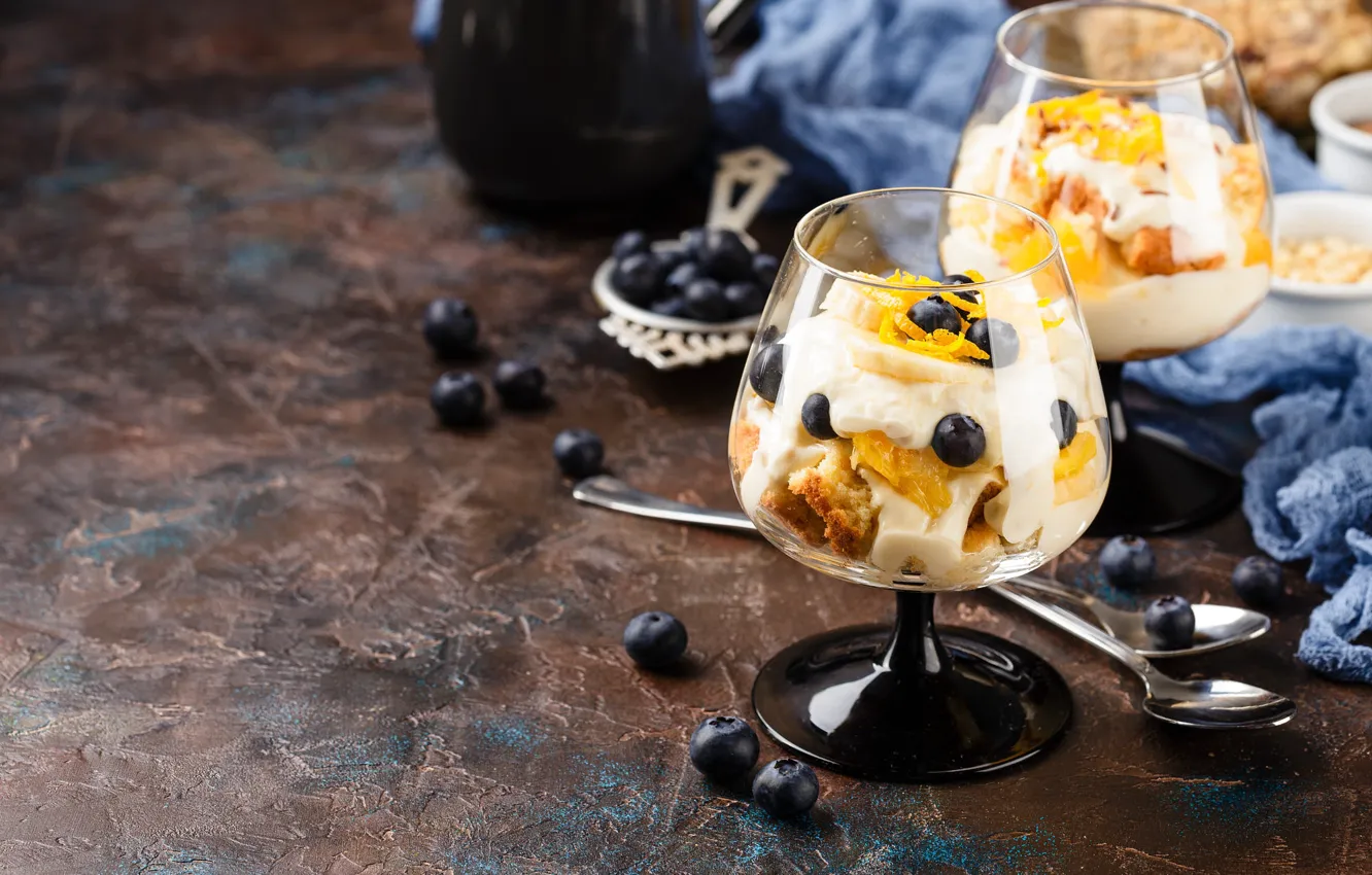Photo wallpaper berries, background, food, blueberries, glasses, ice cream, dessert, spoon