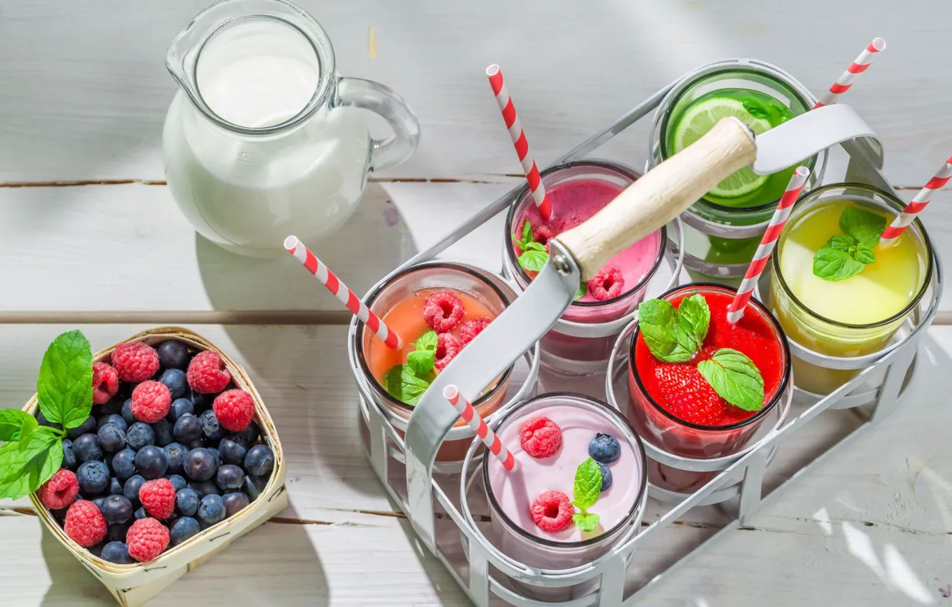 Photo wallpaper berries, raspberry, milk, blueberries, strawberry, lime, fruit, drinks