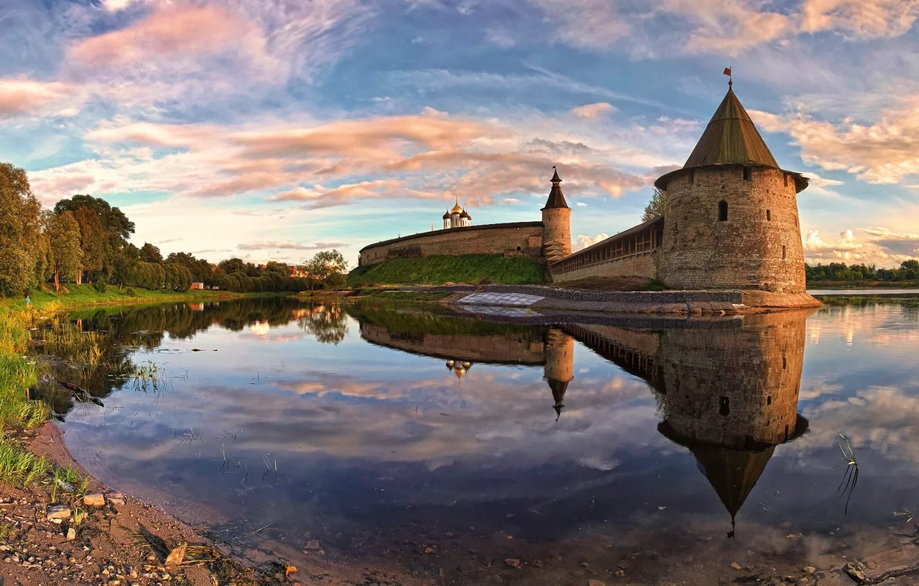 Photo wallpaper lake, wall, temple