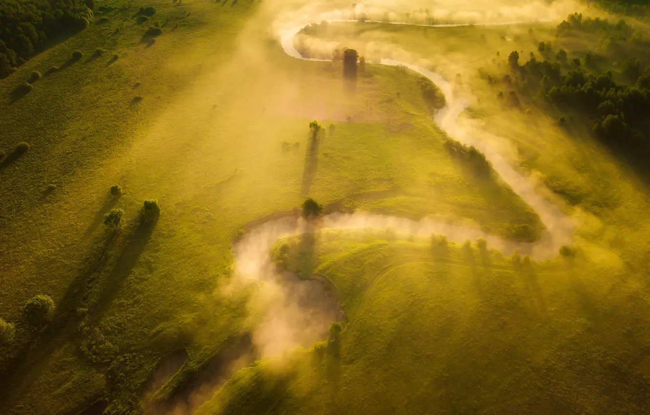 Photo wallpaper greens, field, forest, fog, river, dawn, morning, valley