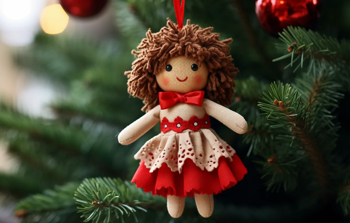Photo wallpaper branches, toy, new year, doll, dress, Christmas, girl, needles