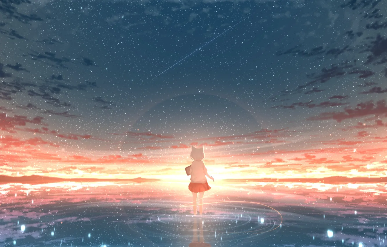 Photo wallpaper sea, the sky, sunset, girl, neko, Rune Xiao