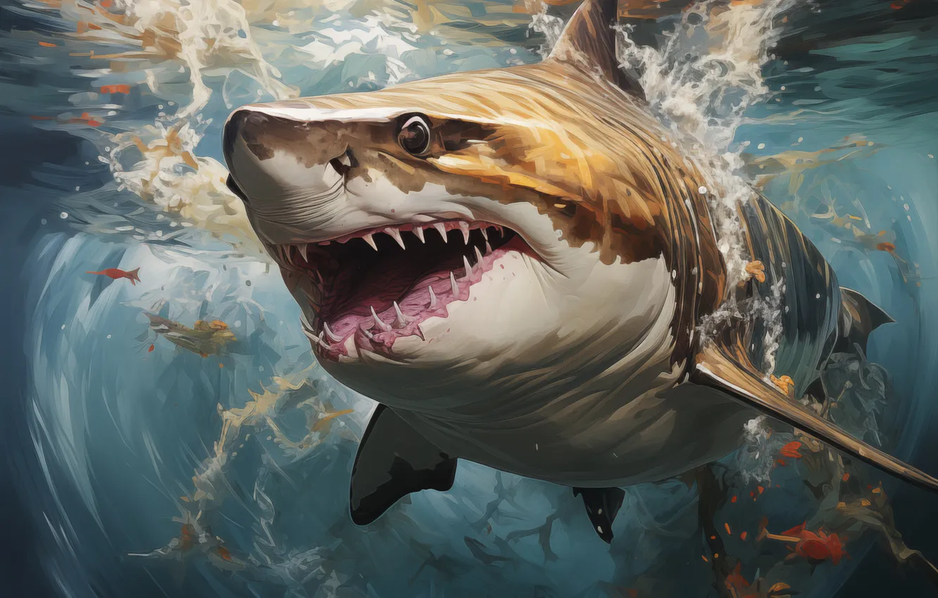 Photo wallpaper predator, shark, teeth, mouth, underwater world, AI art, The Art of Artificial Intelligence, Muzzle Digital …