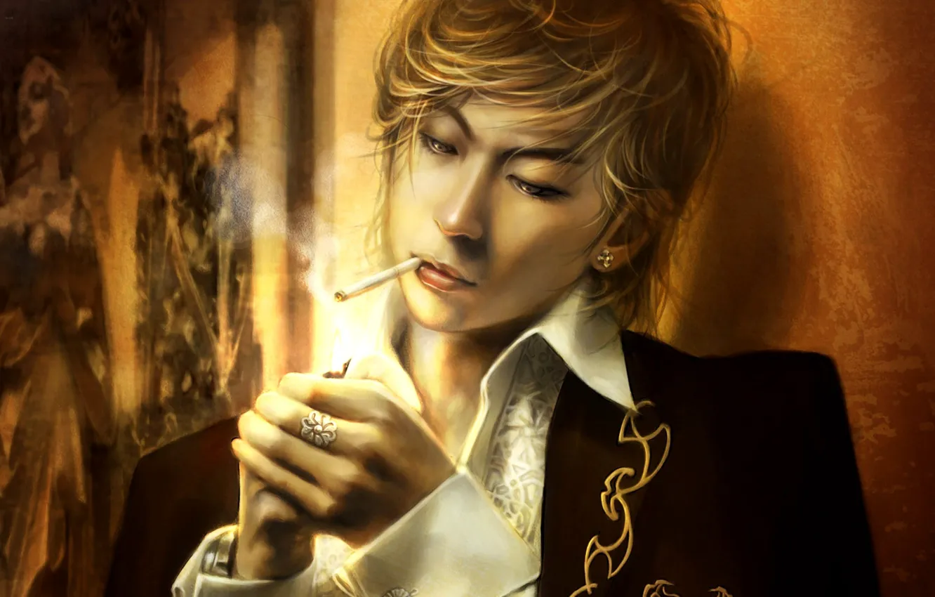 Photo wallpaper mood, earrings, anime, art, cigarette, guy