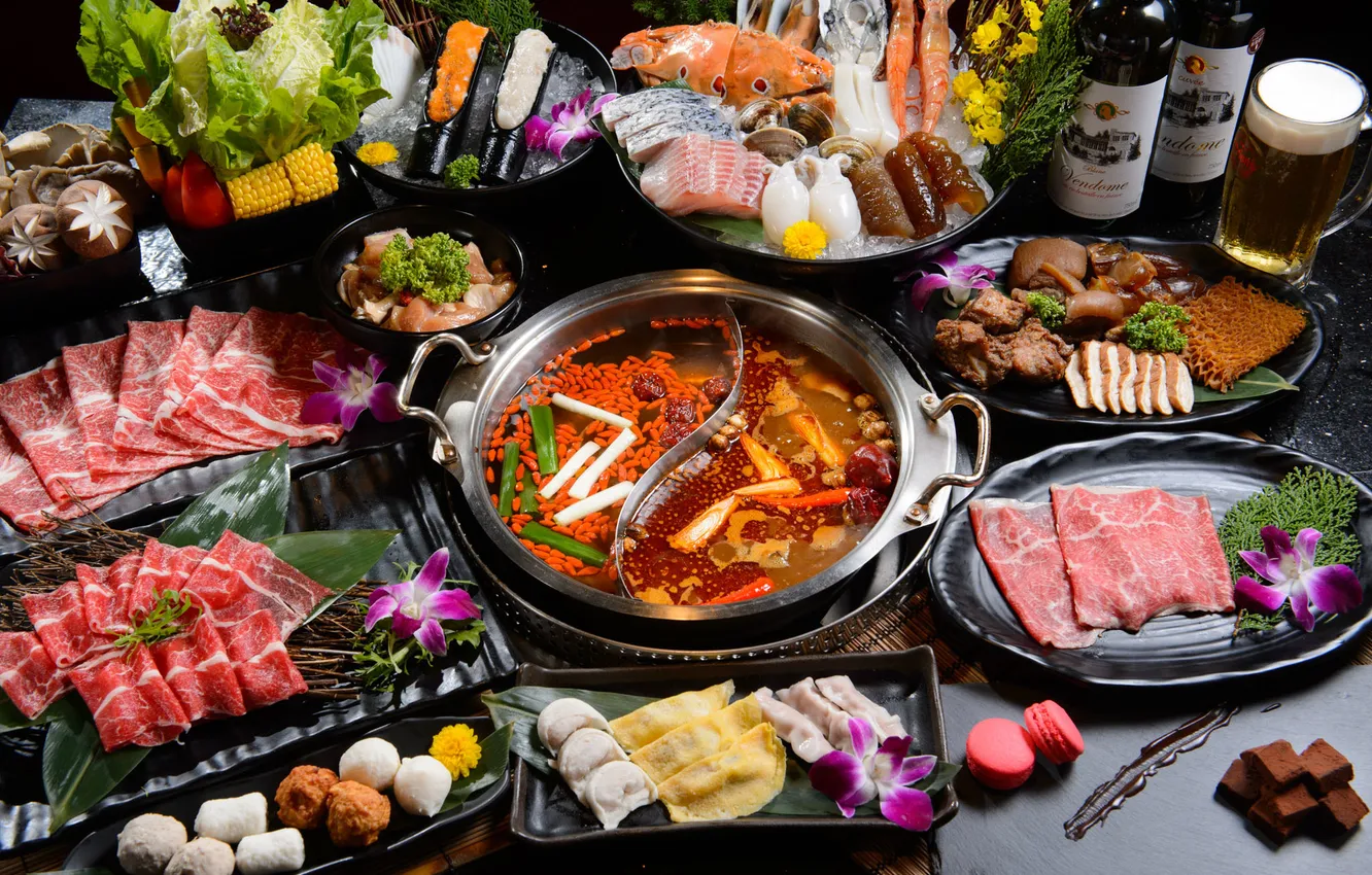 Photo wallpaper fish, soup, meat, vegetables, dish, seafood, cuts, Chinese cuisine