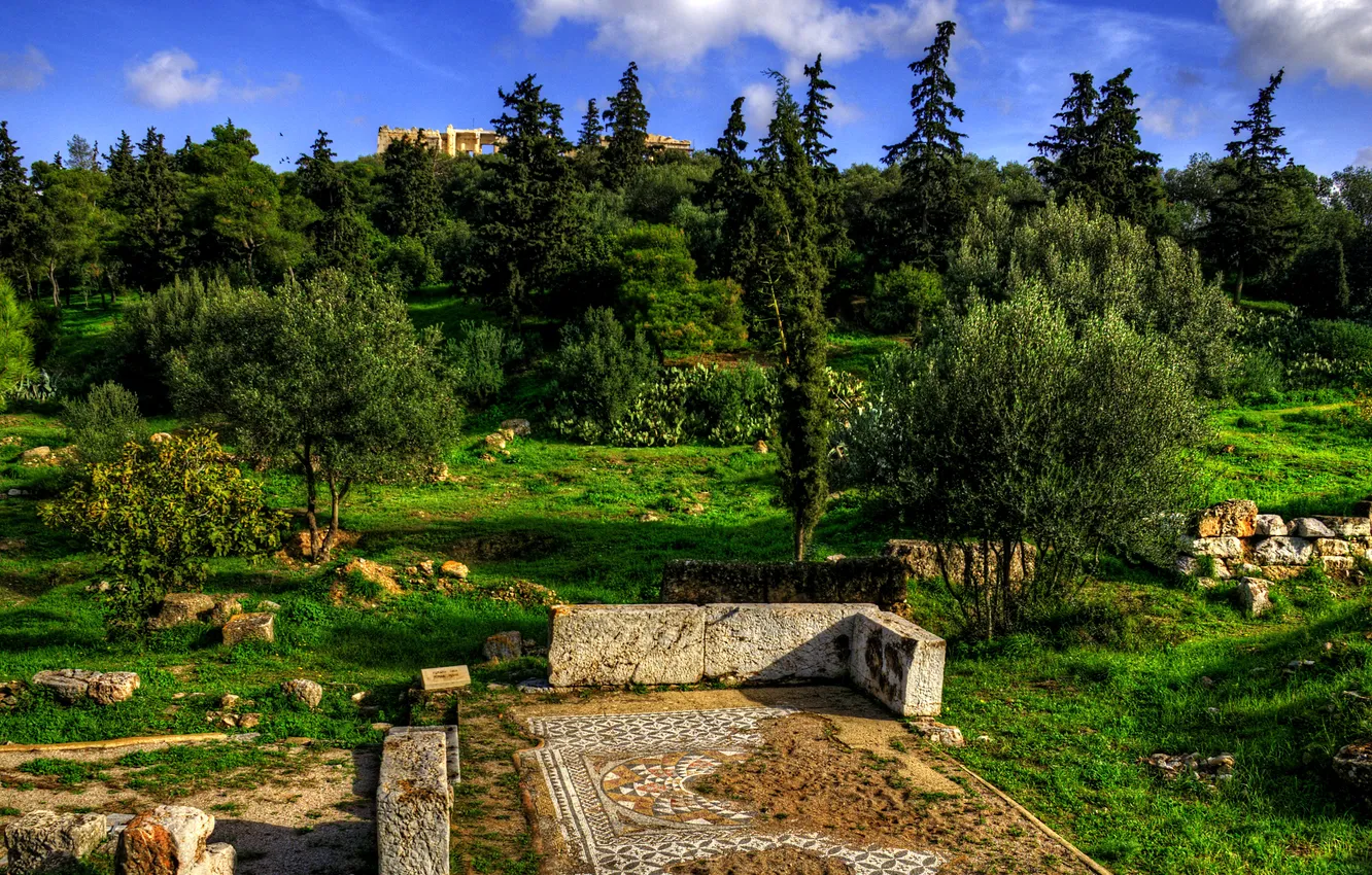 Photo wallpaper grass, trees, stones, Greece, the ruins, the bushes, Acropolis, Athens