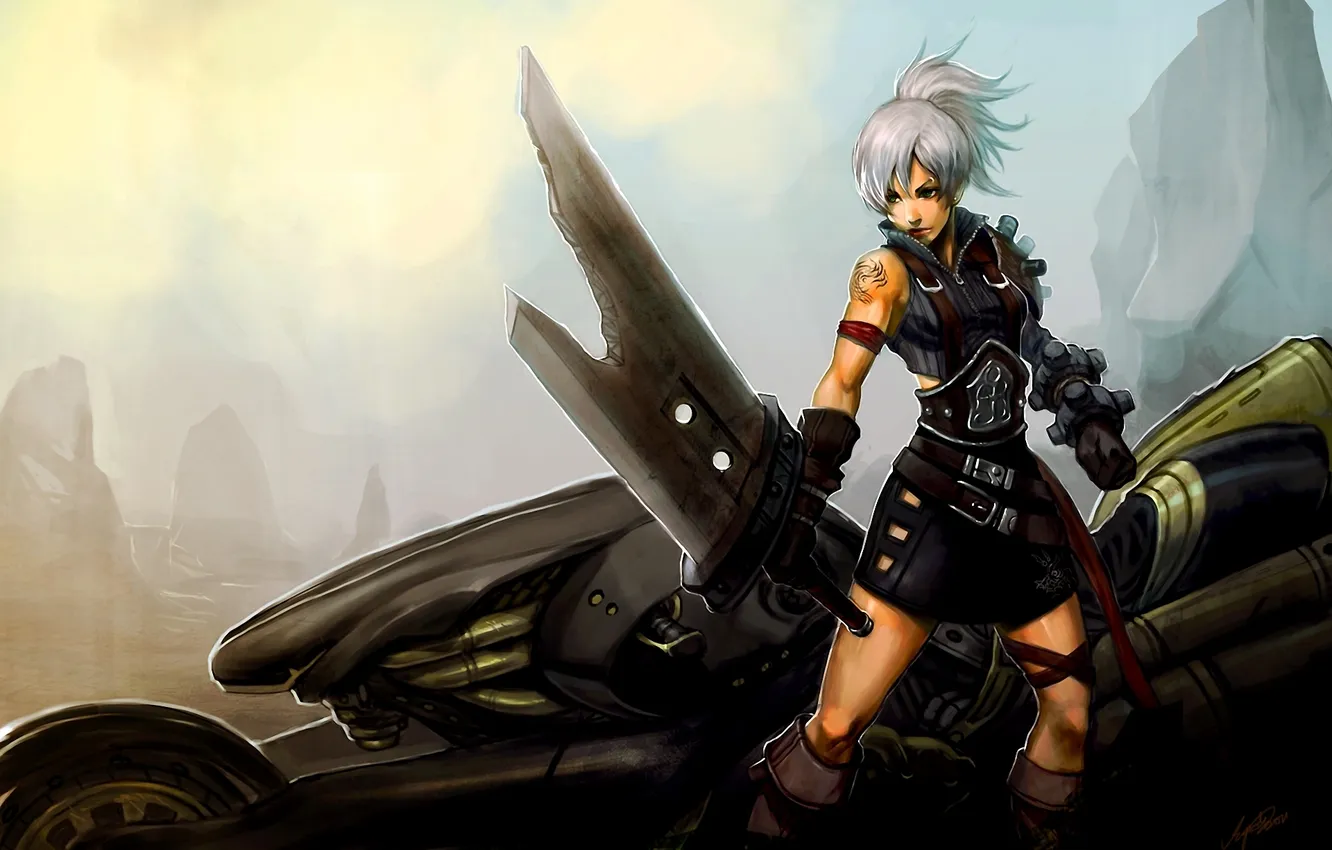 Photo wallpaper girl, weapons, sword, motorcycle, tape, league of legends, riven