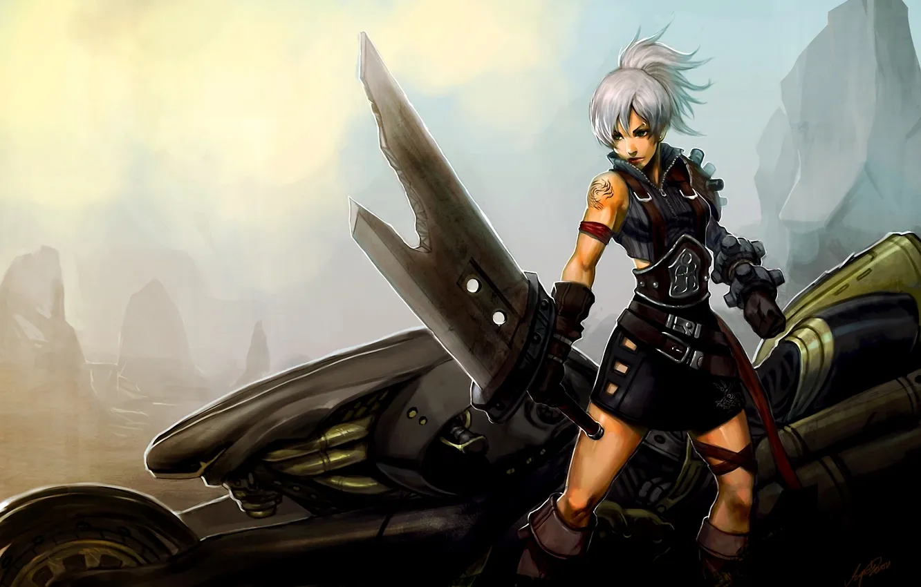 Photo wallpaper girl, weapons, sword, motorcycle, tape, League of Legends, riven