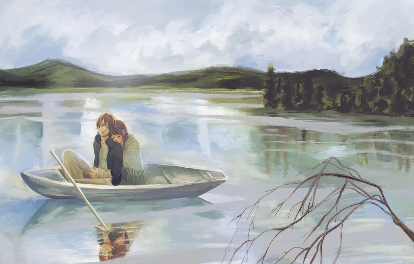 Photo wallpaper girl, lake, boat, figure, branch, guy, yano motoharu, bokura ga ita