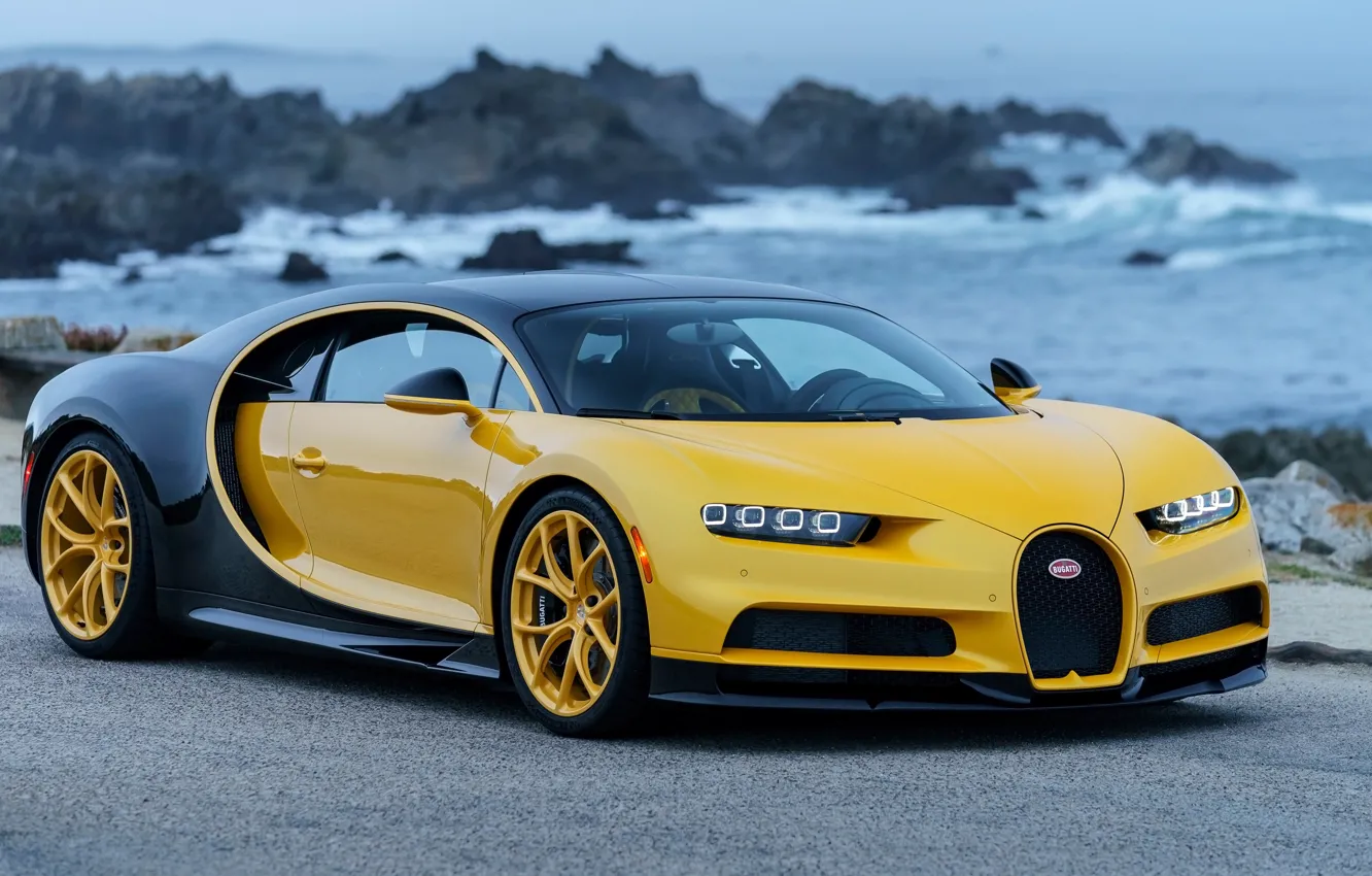 Photo wallpaper coast, Bugatti, 2018, hypercar, Chiron, Yellow and Black