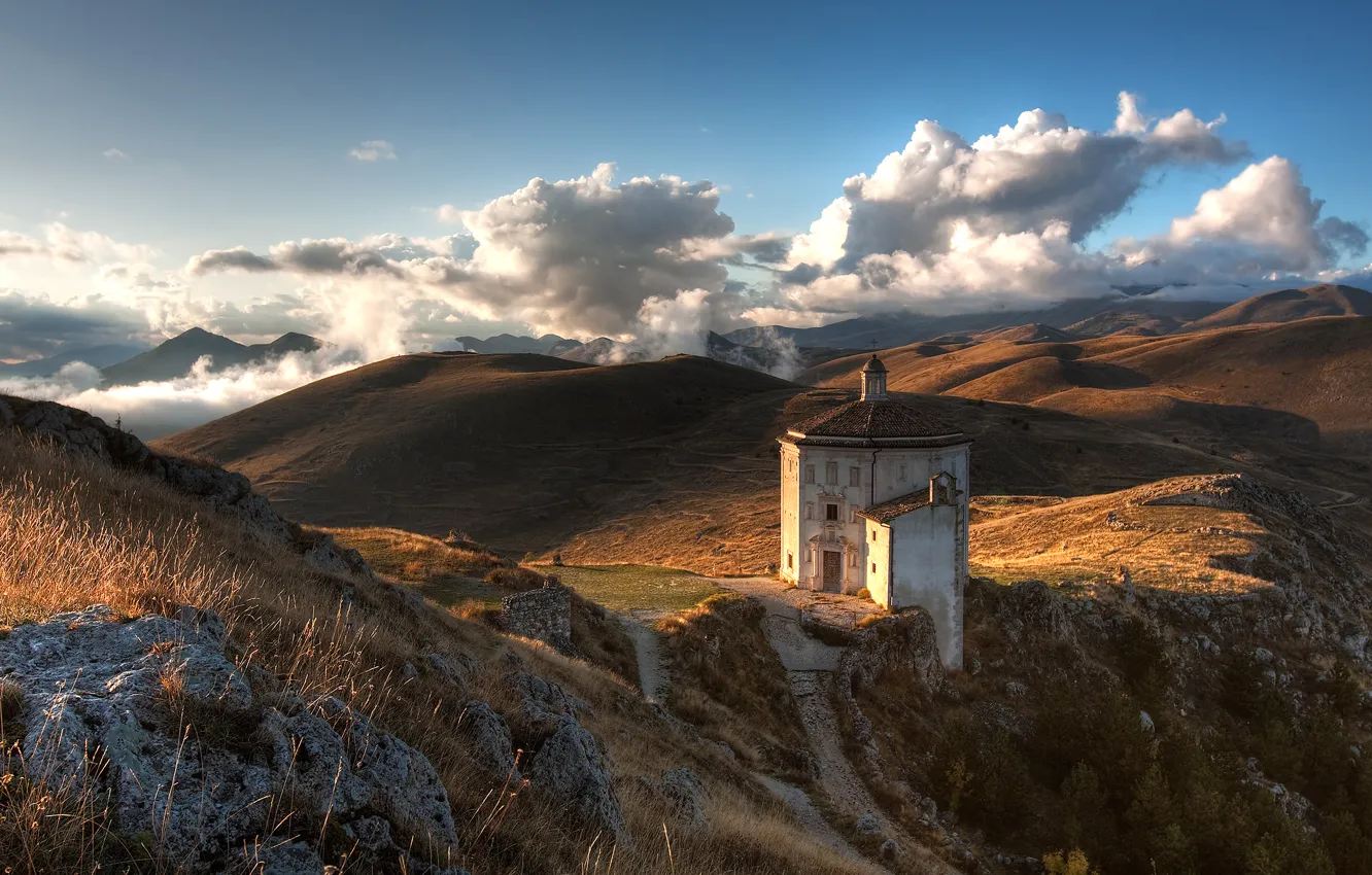 Photo wallpaper the sky, mountains, stones, Church
