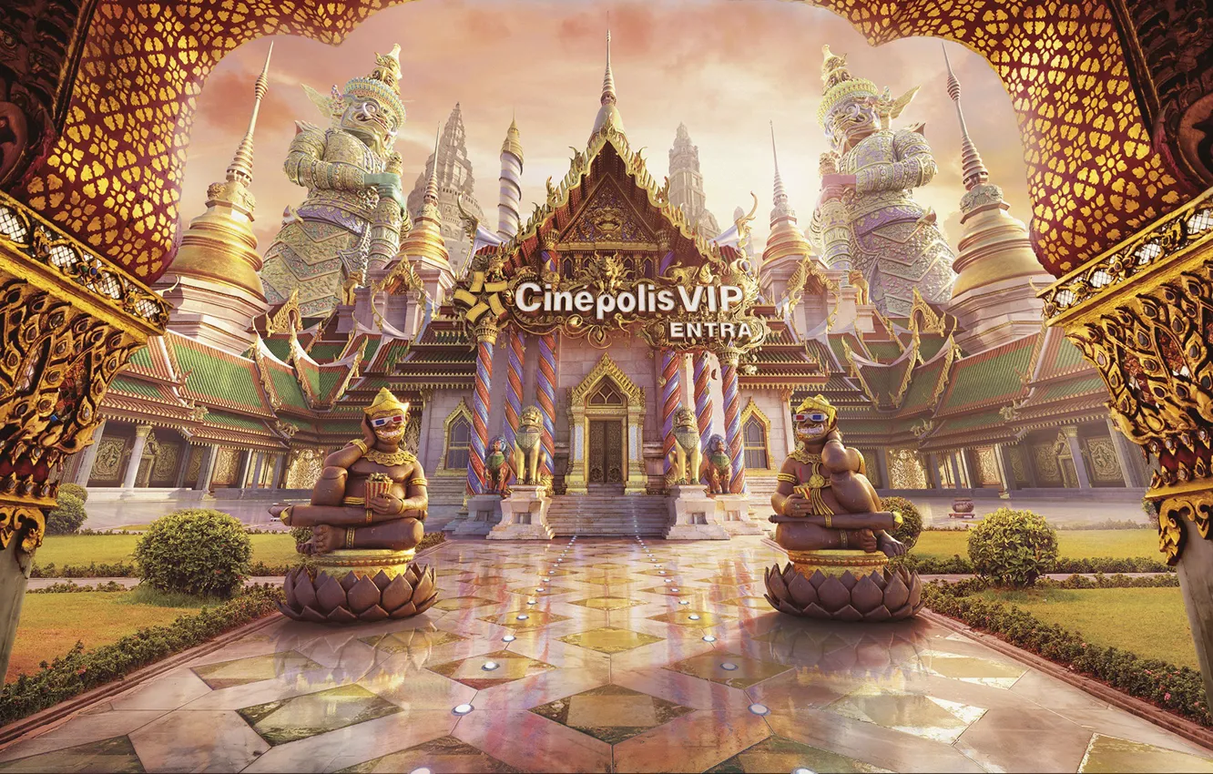 Photo wallpaper lawn, building, yard, statue, CINEPOLIS