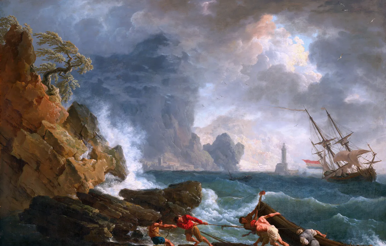 Photo wallpaper wave, clouds, the wind, people, ship, picture, French painter, Claude-Joseph Vernet