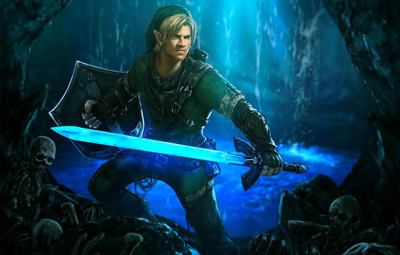 Photo wallpaper sword, cave, shield, elf, The Legend of Zelda, Link, Liam Hemsworth