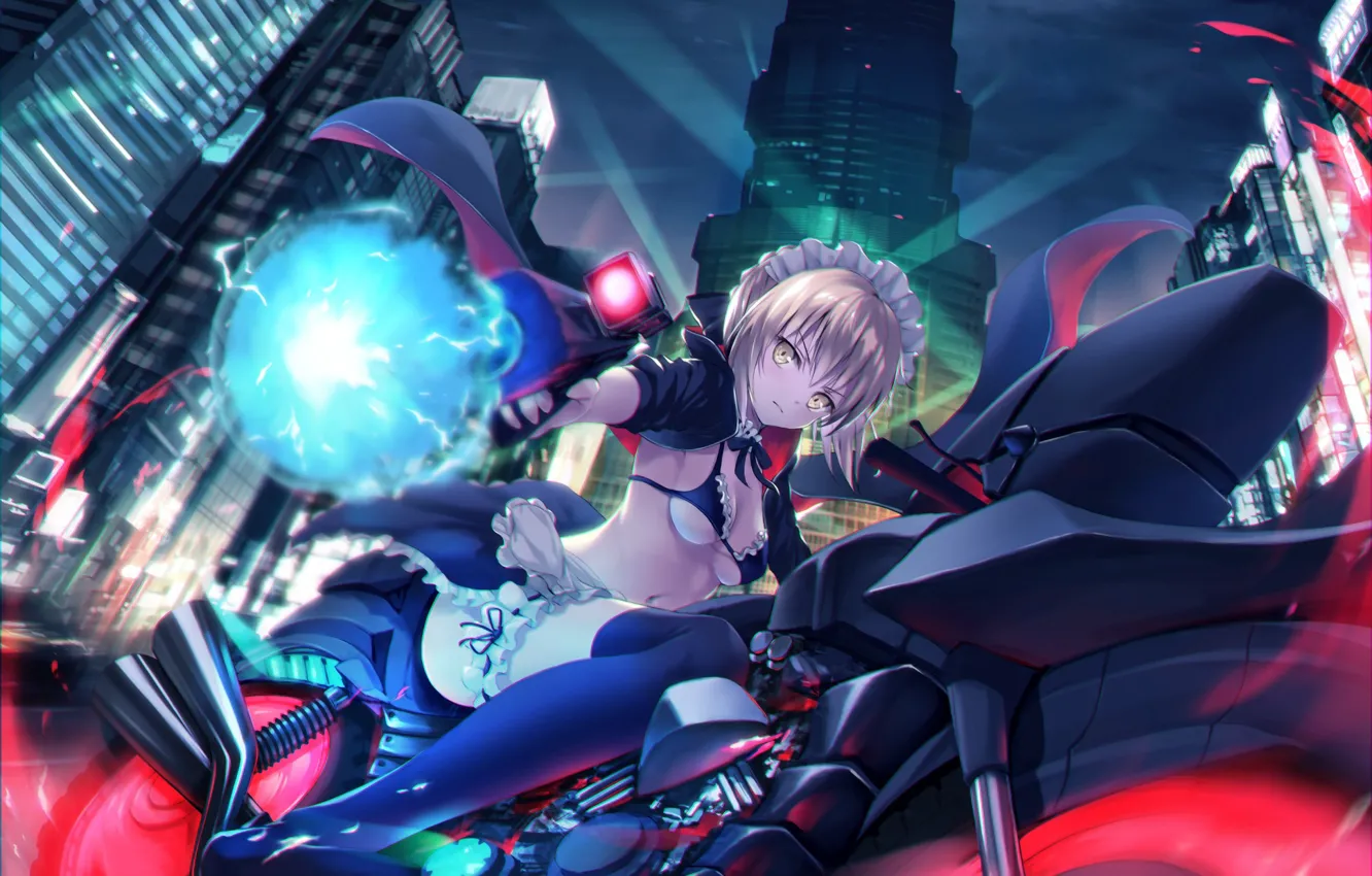 Photo wallpaper girl, anime, art, motorcycle, saber, fate/grand order