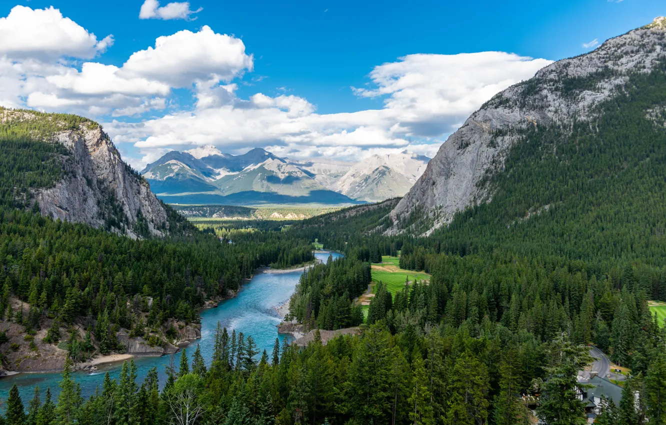 Photo wallpaper forest, mountains, river, blue, Berg